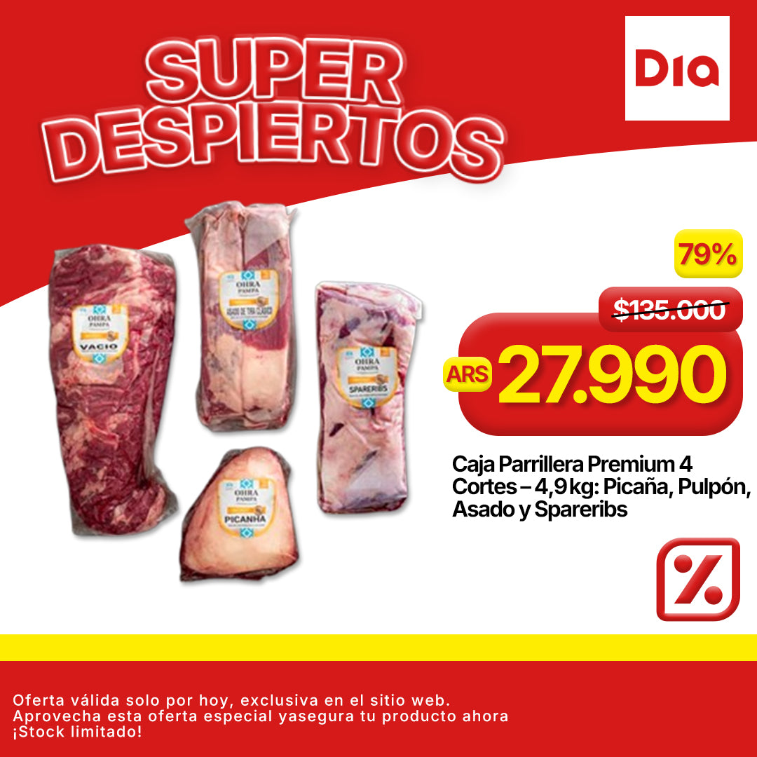 Caja Parrillera Premium 4 Cortes – 4,9 kg: Picaña, Pulpón, Asado y Spareribs