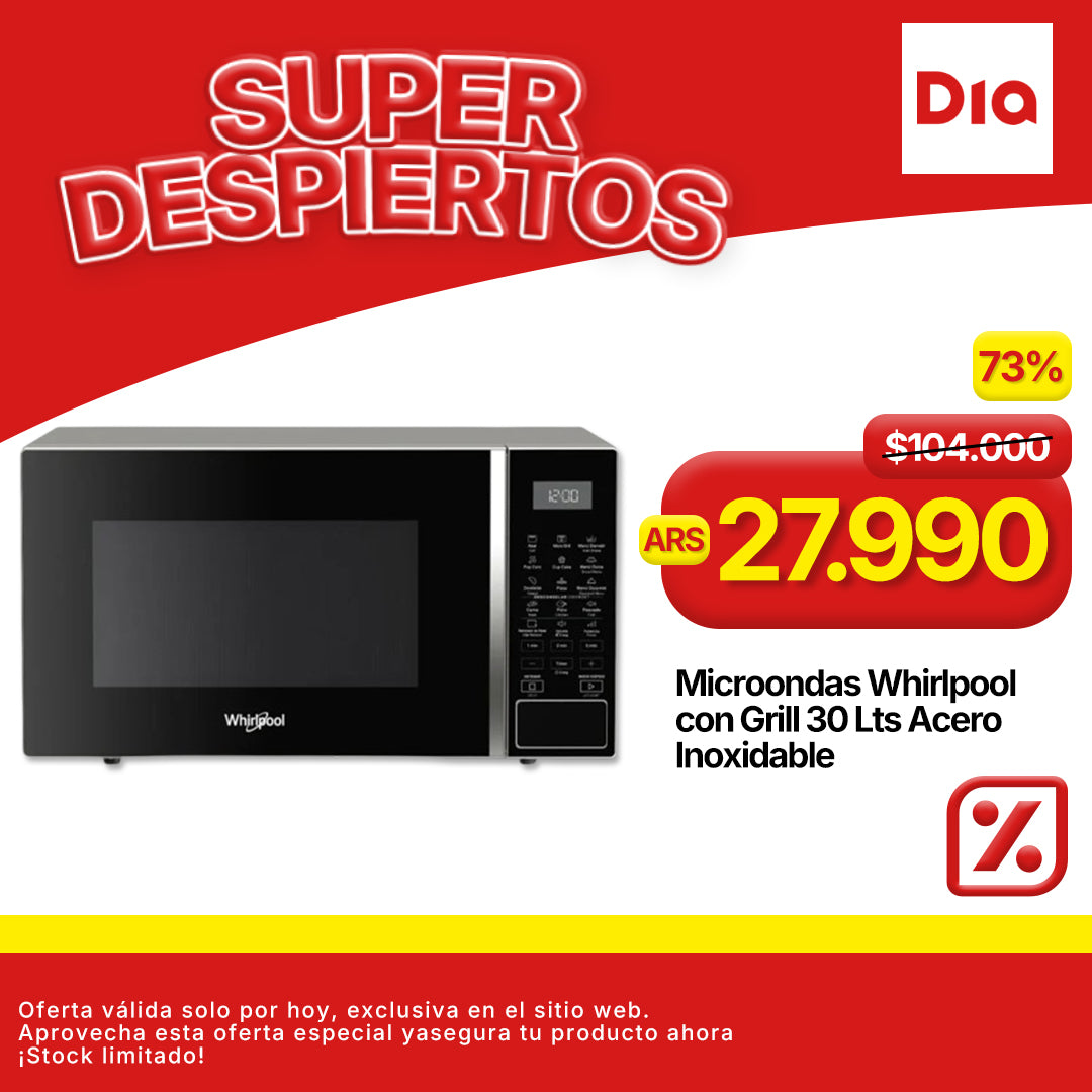 Microondas Whirlpool con Grill 30 Lts – Acero Inoxidable